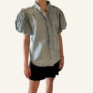 FRAME Blue Puff Sleeve Denim Shirt with Mandarin Collar🌸